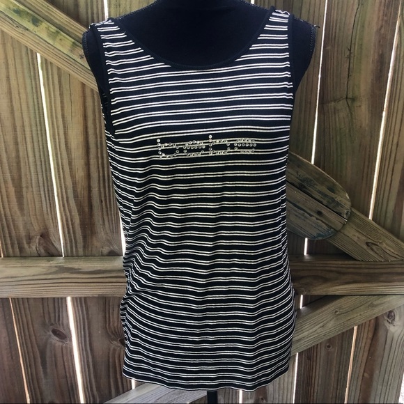 Bebe Aimee Knot Back Black & White Striped Sleeveless Top with Crystal Logo L - Picture 1 of 9